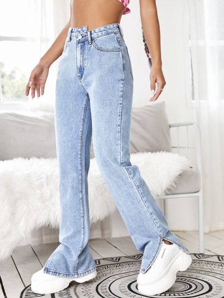 

split side zipper fly boyfriend jeans r45h#, Blue