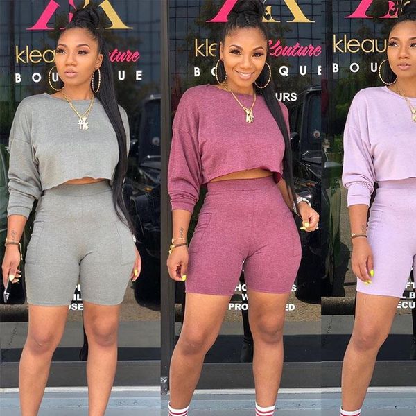 

women womens tracksuits two piece outfits tracksuit long sleeve crop and biker shorts sweat suits summer clothes 2 matching, Gray