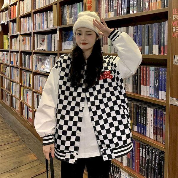 

women's jackets female baseball jacket checkerboard women cloth year's letter plaid cardigan coat loose korean windbreaker top, Black;brown
