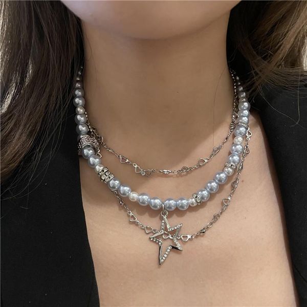

chokers harajuku blue imitation pearl love crystal pentagram pendant necklace for women girl fashion vintage choker y2k jewelry gifts, Golden;silver