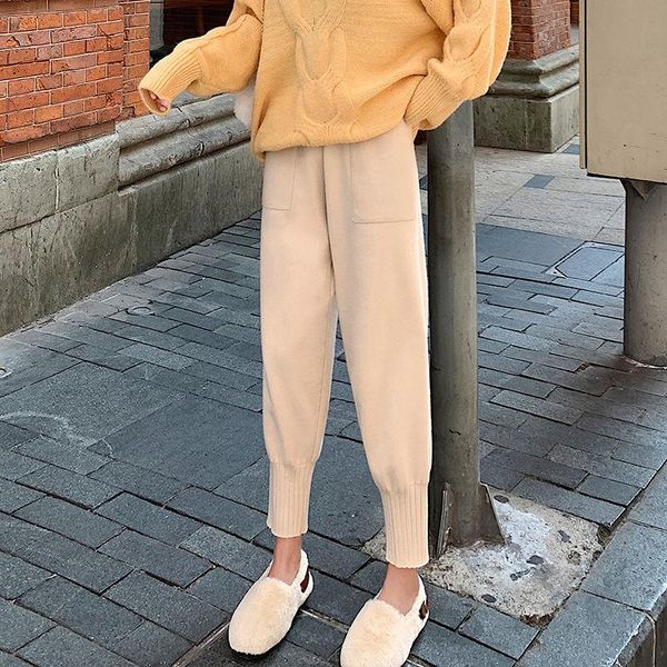

women autumn winter casual knitted pants female pocket loose high waist harem pant lady solid elegant straight trouser h134 women's & c, Black;white