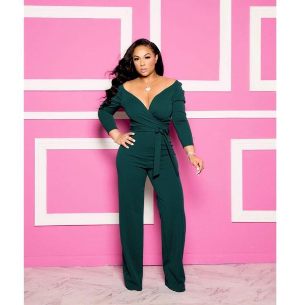 

women's jumpsuits & rompers deep v neck wide leg club solid long sleeve high waist romper loose office overalls, Black;white
