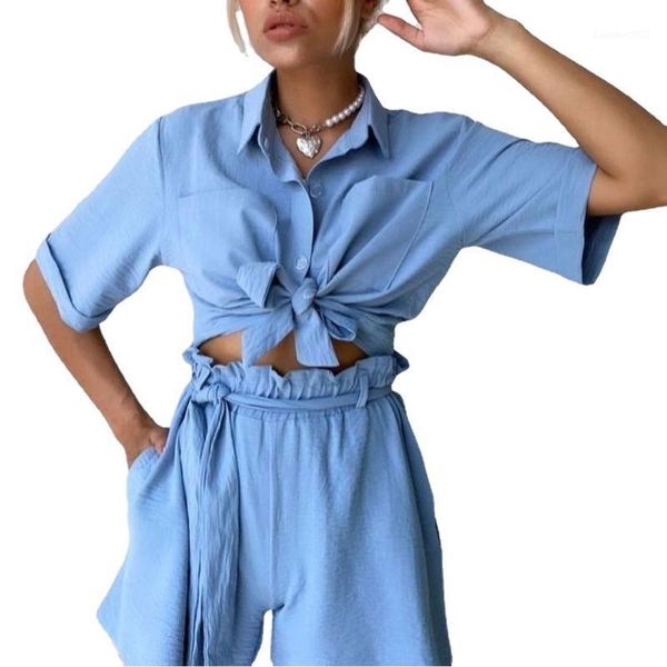 

women's tracksuits trajes cortos 2021 solid color single-breasted short-sleeved shirt with straps fashion casual beach two-piece suit, Gray