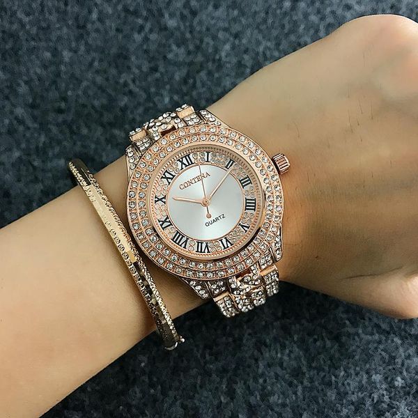 

wristwatches contena luxury all steel women watch brand full diamond shiny rhinestone watches ladies clock saat 2021, Slivery;brown