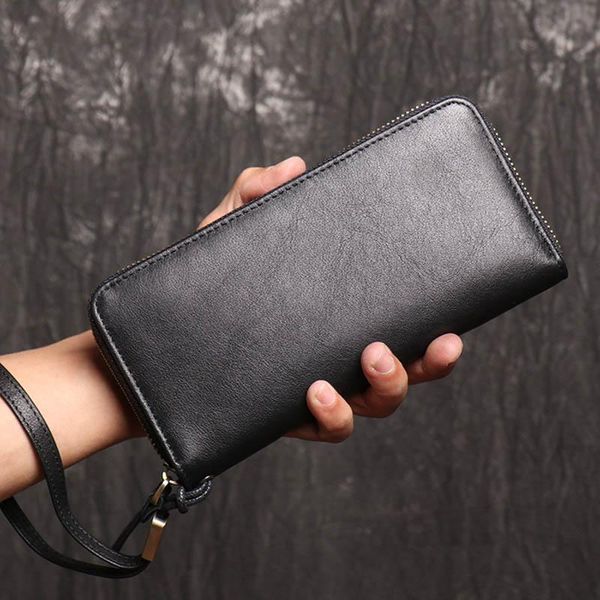 

luufan genuine leather men's clutch wallet with wrist long for business card bill clutches cowhide iphone hand bag black wallets, Red;black
