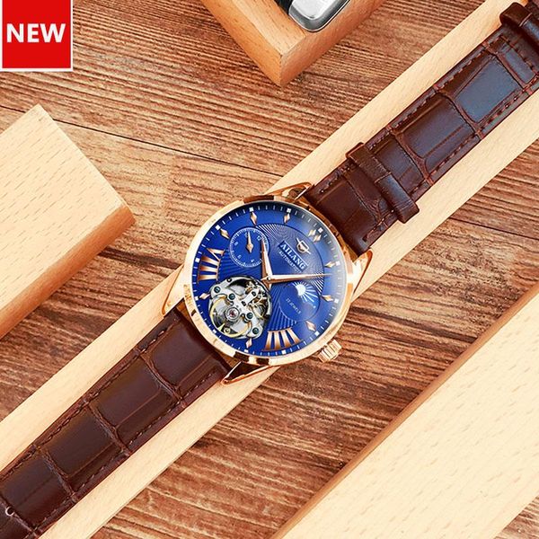 

wristwatches leather wrist watches for men's automatic mechanical gold skeleton vintage male 50m waterproof watch relogio masculino, Slivery;brown