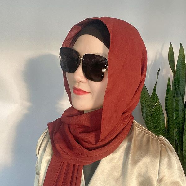 

ethnic clothing 10pcs/lot crinkle cotton hijab scarf wrap malaysia solid color shawls headband muslim hijabs headscarf female foulard, Red