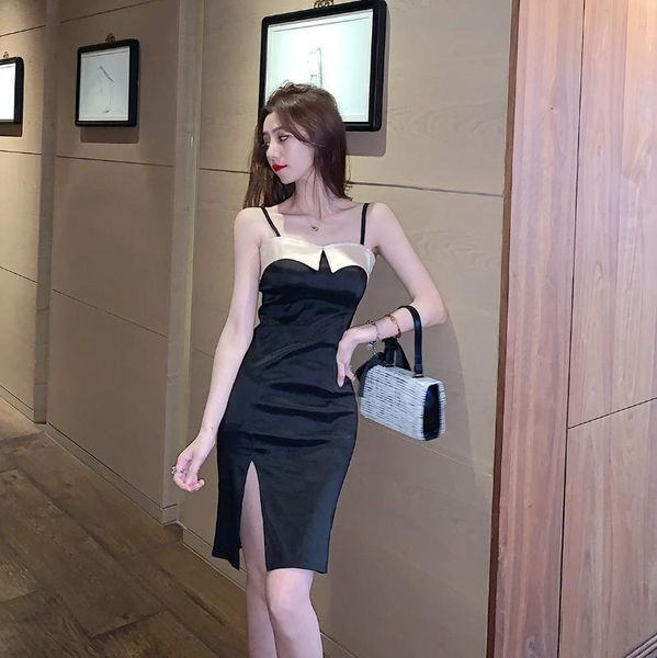 

casual dresses small summer color matching package hip dress with shoulder-straps cultivate morality show thin, Black;gray