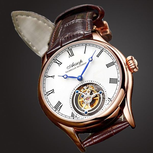 

wristwatches men mechanical luxury tourbillon watch sapphire waterproof customization leather strap class roman scale skeleton, Slivery;brown