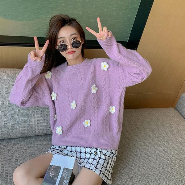 

autumn sweaters women korean cute floral solid round neck long sleeve pullover lazy style loose soft knitted sweater women's, White;black