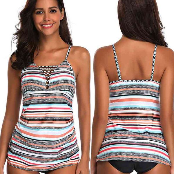 

set plus size womens swimwear strap padded striped swimsuit tankini bikini beach, White;black