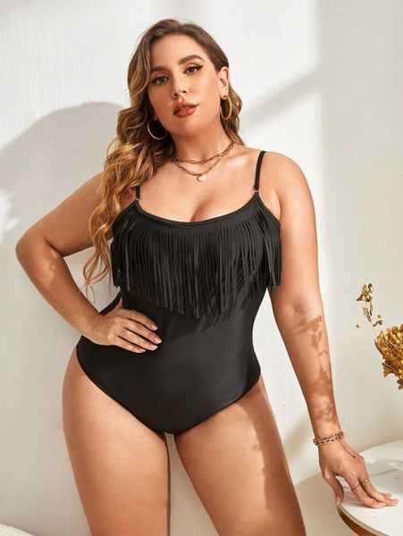 

plus solid fringe hem one piece swimsuit t9gm#, Black