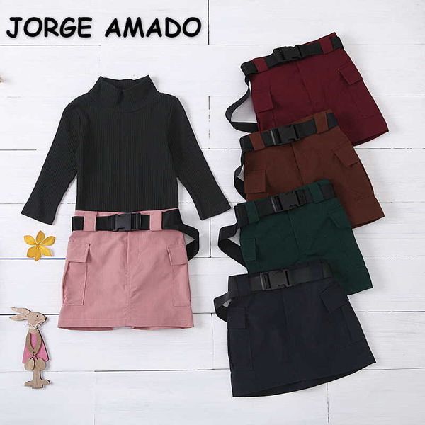 

spring kids 2 pcs sets waffle high collar long sleeves sweater +straight skirt with belt girls outfits e3058 210610, White