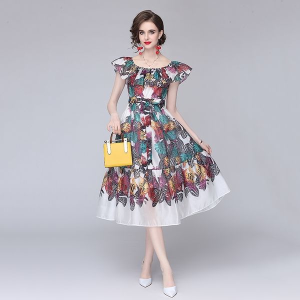 

banulin runway summer dress women ruffles slash neck floral print bow sashes elegant holiday chiffon midi n61142 210603, Black;gray