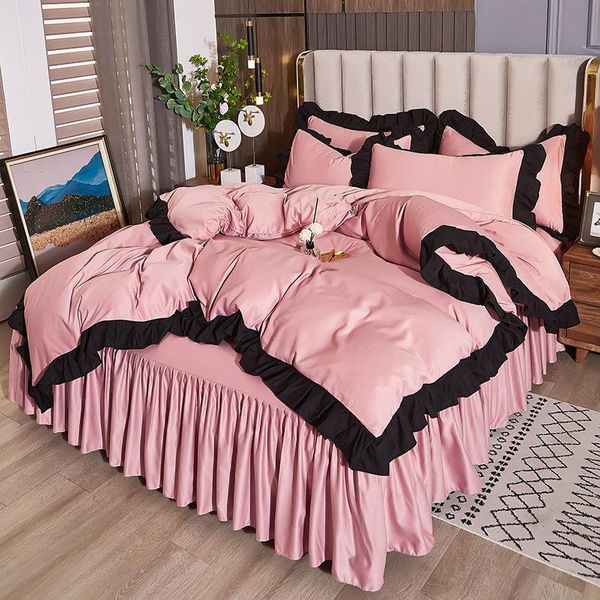 

bedding sets 10 colors full  1.5m 1.8m 2m bed ice silk 4pcs set duvet cover pillowcase skirt bedspreads home bedclothes