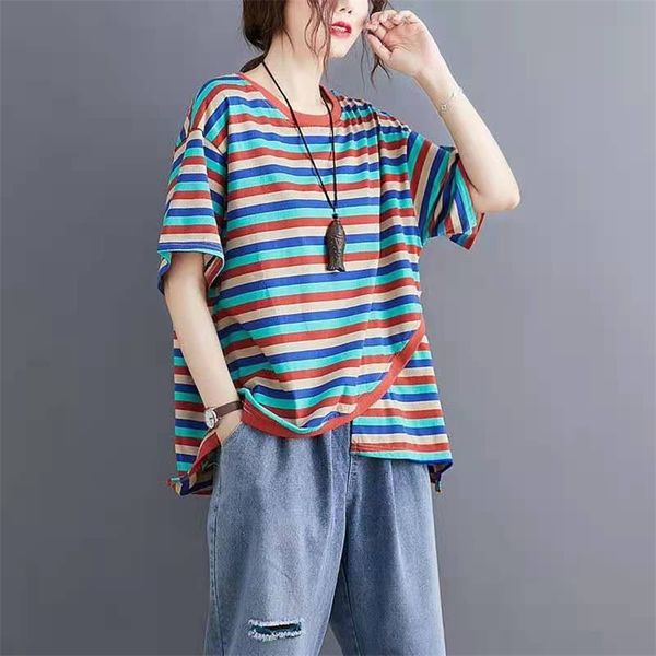 

arrival summer arts style women loose striped cotton asymmetrical t shirt casual o-neck short sleeve t-shirt w172 210512, White