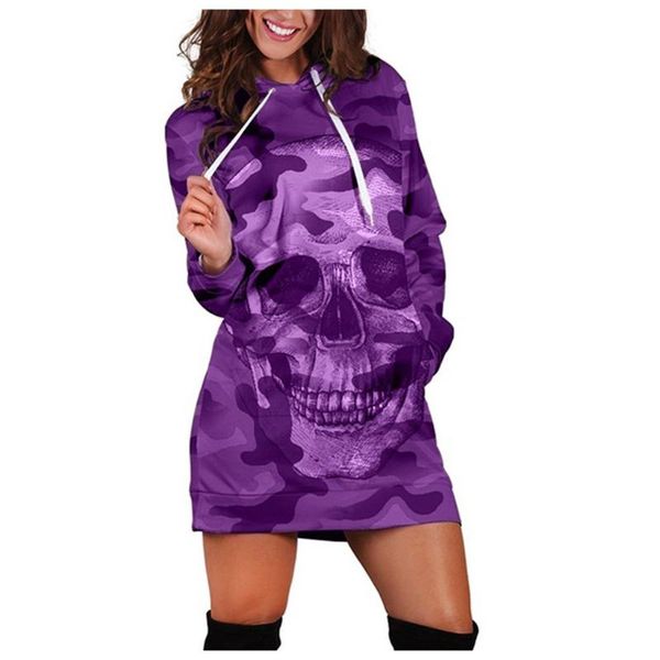 

women dress long sleeve casual hooded camouflag skull print mini autumn and winter fashion style dresses, Black;gray