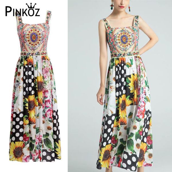

summer beach sunflower printe polka dot spaghetti strap maxi dress vintage retro paris style chic vocation dresses femme 210421, Black;gray