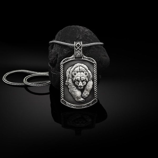 

viking war bear pendant necklace men's hang tag hip hop titanium, Silver