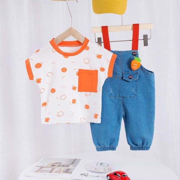 

summer 1-3years baby boys short sleeves + overalls cute style big pockets elastic leg clothing set sets, White