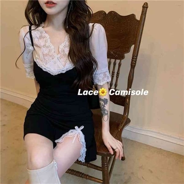 

french non-mainstream lace dress women's gentle wind split bag hip summer style 210529, Black;gray