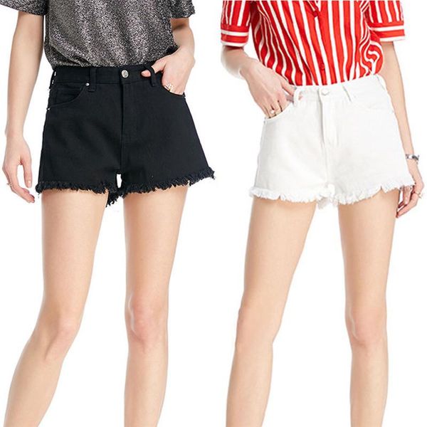 

women's shorts summer women high waist denim ladies casual washed ripped short mini jeans fashion pure color tassel, White;black