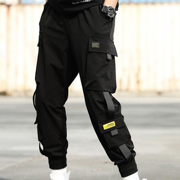 

men's side pockets cargo harem pants 2021 ribbons black hip hop casual male joggers trousers fashion streetwear