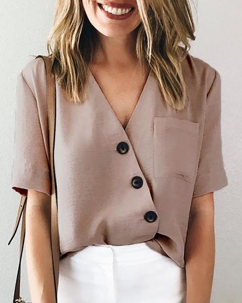 

women's blouses & shirts hirigin women v-neck buttons summer office lady solid slim blouse basic color short sleeve clothes, White