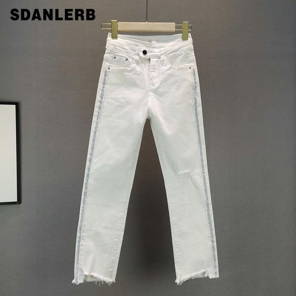 

women's jeans white rhinestones for women thin denim pants 2021 summer stretch high waist holes jean girls students, Blue