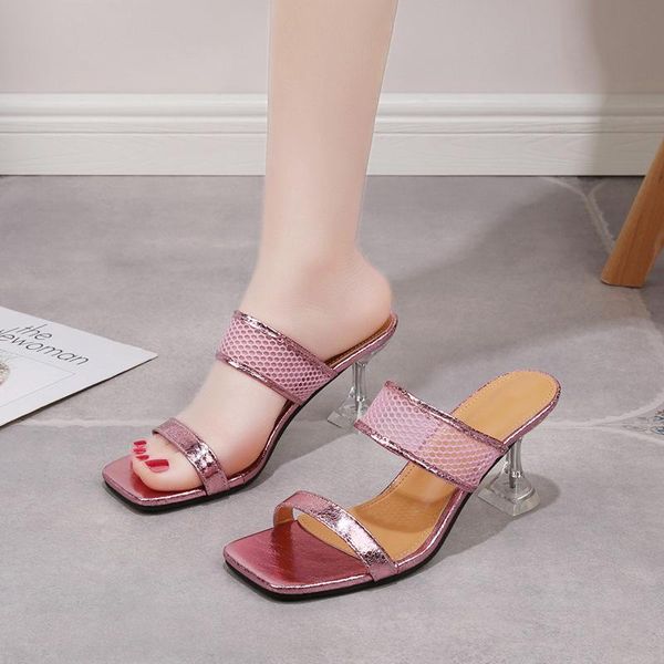 

slippers high heels women 2021 summer european and american fashion one word with thin female, Black