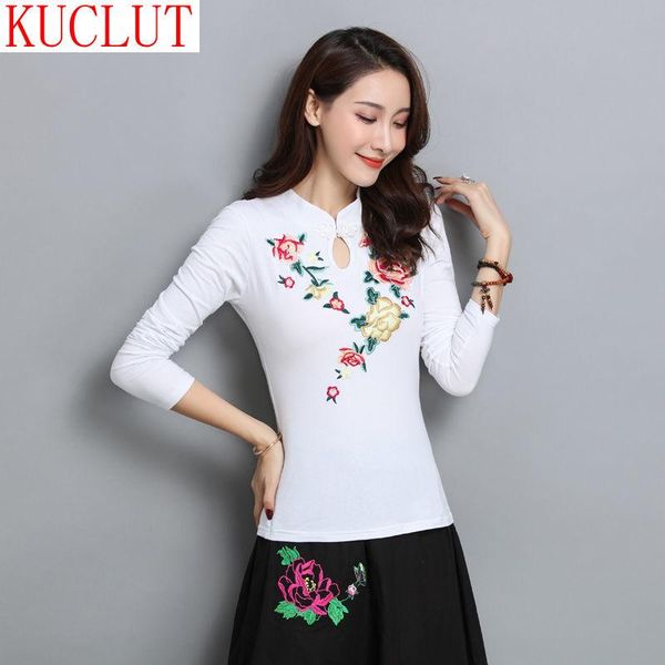 

95% cotton t shirt women ethnic embroidery vintage long sleeve 4xl 5xl plus size stand collar black white red women's t-shirt