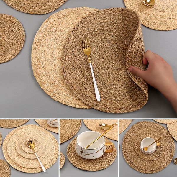 

mats & pads 1pc natural hand-woven placemat round potholder non-slip insulation pad kitchen pot holder table dining placemats