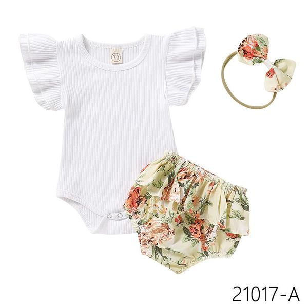 

jumpsuits baby girl 3 pcs outfit set solid color short sleeve ruffle button closure romper flower waist belt pants hair band, Blue
