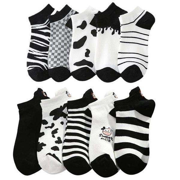 

socks & hosiery 10 pair low tube asakuchi cute women set summer cotton cow print ankle harajuku korea style kawaii aesthetic sokken, Black;white