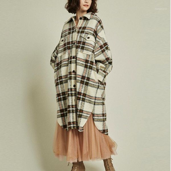 

women's wool & blends japanese chic casual jacket 2021 autumn winter vintage plaid contrast color coat simple long sleeve loose retro, Black