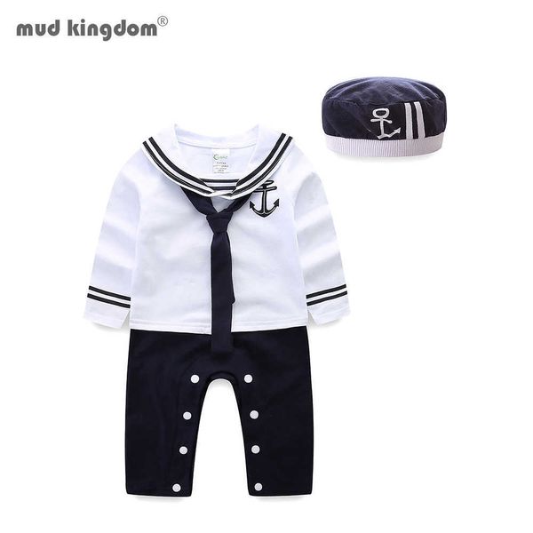 Mudkingdom Baby Boys Rompers Хлопок с длинным рукавом Стиль моряка и шапка 2 шт. Комбинезон Детская Одежда 210615