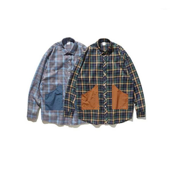 

spring style japanese personality contrast pocket stitching plaid couple loose shirt for men and women men's casual shirts, White;black