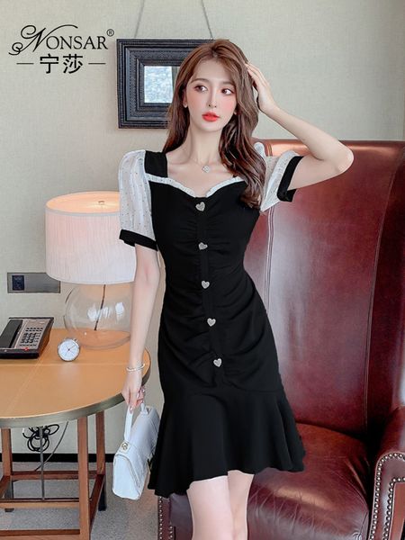

casual dresses summer french square collar vintage crumpled fishtail heart buckle slim slimming for women fashion uzix, Black;gray