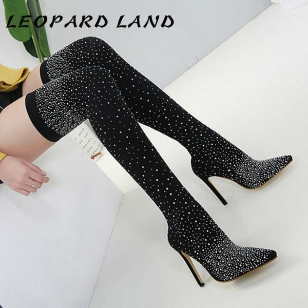

boots leopard land 2021 spring large size fashion rhinestone high-heeled women's stretch fabric thin heeled knee cwf, Black