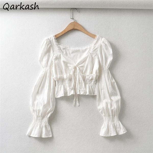 

women's blouses & shirts cropped women stylish leisure solid creativity bow flare sleeve spring v-neck student all-match femme korean, White