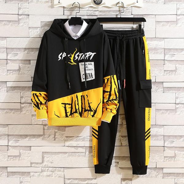 

men's tracksuits fashion set spring autumn elastic waist trousers+long sleeve pullover sweatshirt male casual print clothing, Gray