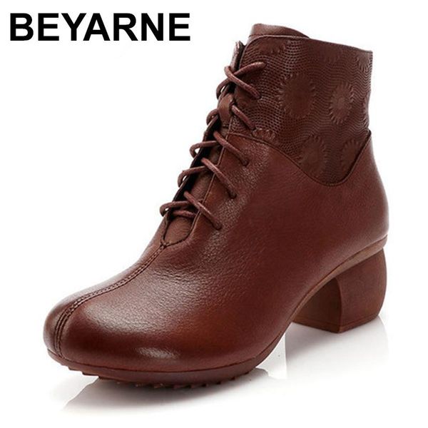 

boots beyarnemid heel shoes xifairy g lady genuine leather women ankle booties round toe lace up block fashion female casual boot, Black
