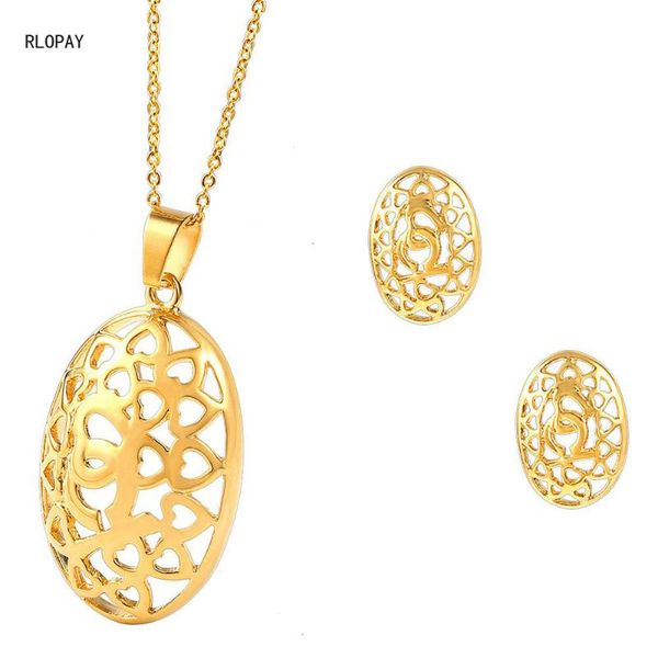

earrings & necklace stainless steel semi-oval hollow pendant 2 pieces jewelry set engagement dubai sets gold, Silver