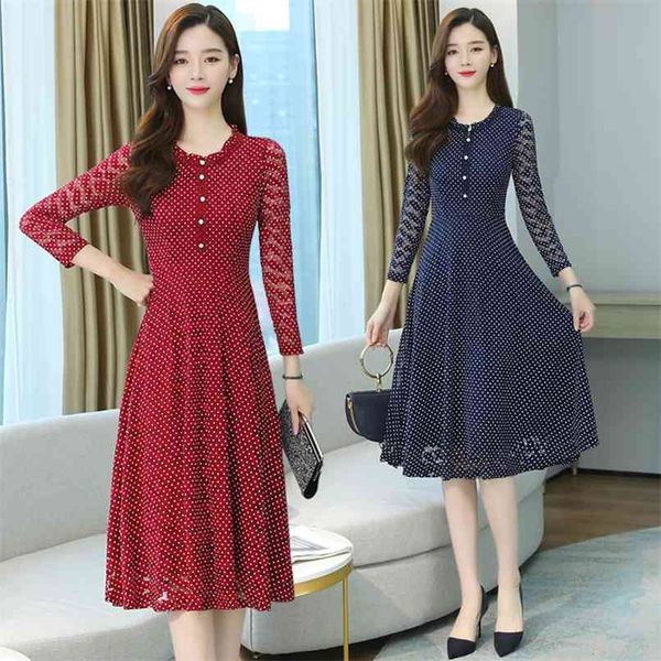 

4xl plus size red long sleeve midi dress sping autumn fashion mesh lace vintage women bodycon party chic vestido 210528, Black;gray