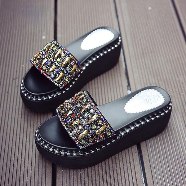 

aphixta platform rhinestone sandals slippers women gemstone slides shoes wedge string bead beach, Black
