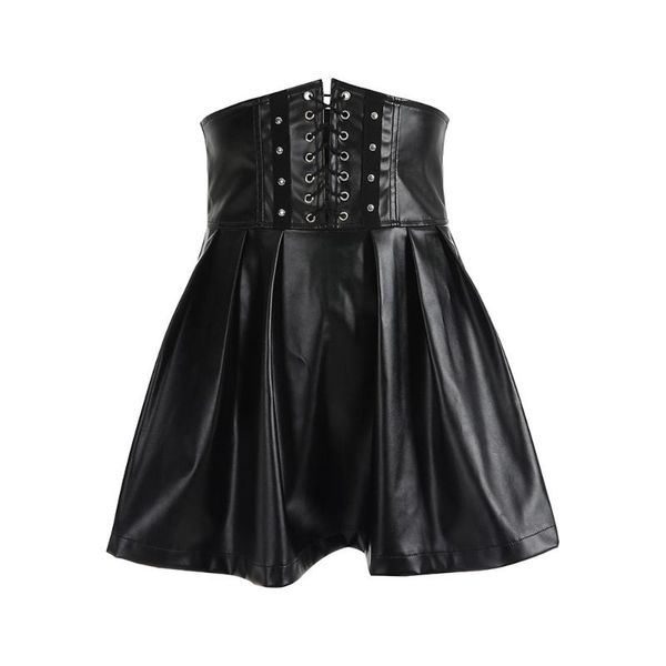 

women pleated skirt pu leather goth lace up black street hipster zipper autumn winter casual high waist bandage mini skirts