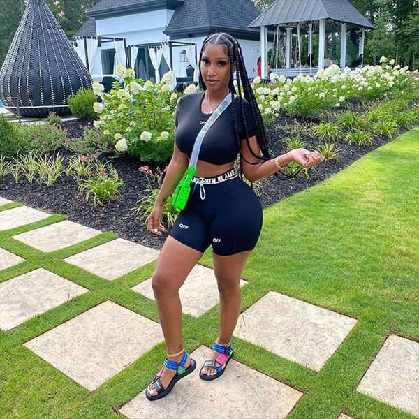 

[shesrim] autumn short sleeve womenpant slim sports letter print high waist pants set two piece belly revealing, White