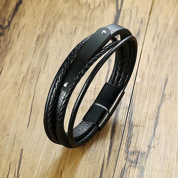 

bangle 2021 fashion stainless steel trendy men's accessories curved simple style brand leather charm bracelet customized for men, Black