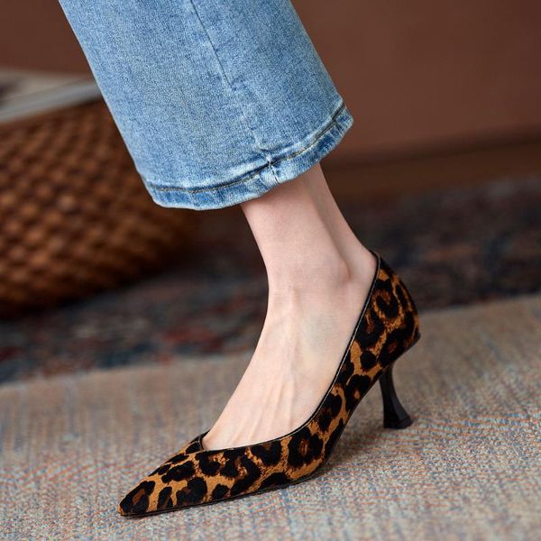 

dress shoes spring 2021 fashion women vintage pumps ladies high heels pointed toe stiletto genuine leather leopard, Black