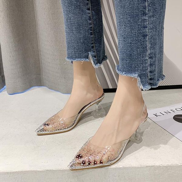 

korean wave fully transparent women's sandals rhinestone decoration woman pumps high heels shoes ladies slippers summer dress, Black